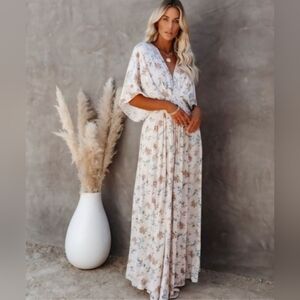 Vici Lysette Maxi Dress in a blue floral combo pattern, Deep v-neck Medium